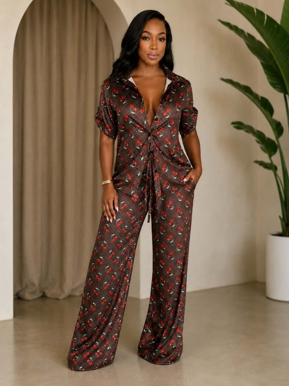 Endless Moon Women's Red Cherry Wide-Leg Set